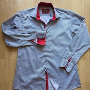 Axxess Mens XL Blue White Micro Houndstooth Button Down Shirt Red Contrast Trim